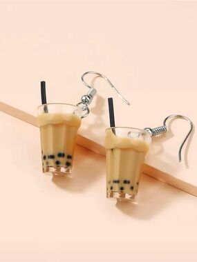 Novelty Bubble Tea Dangle Earrings in Beige